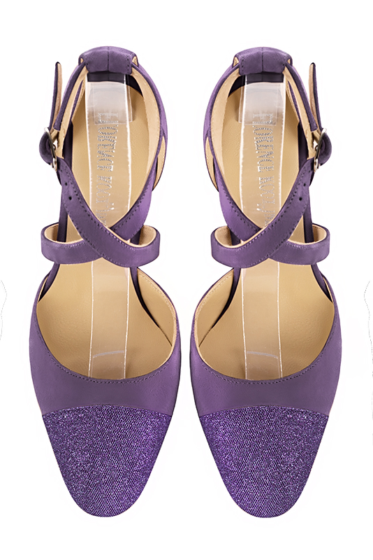 Amethyst purple women's open side shoes, with crossed straps. Round toe. Medium comma heels. Top view - Florence KOOIJMAN